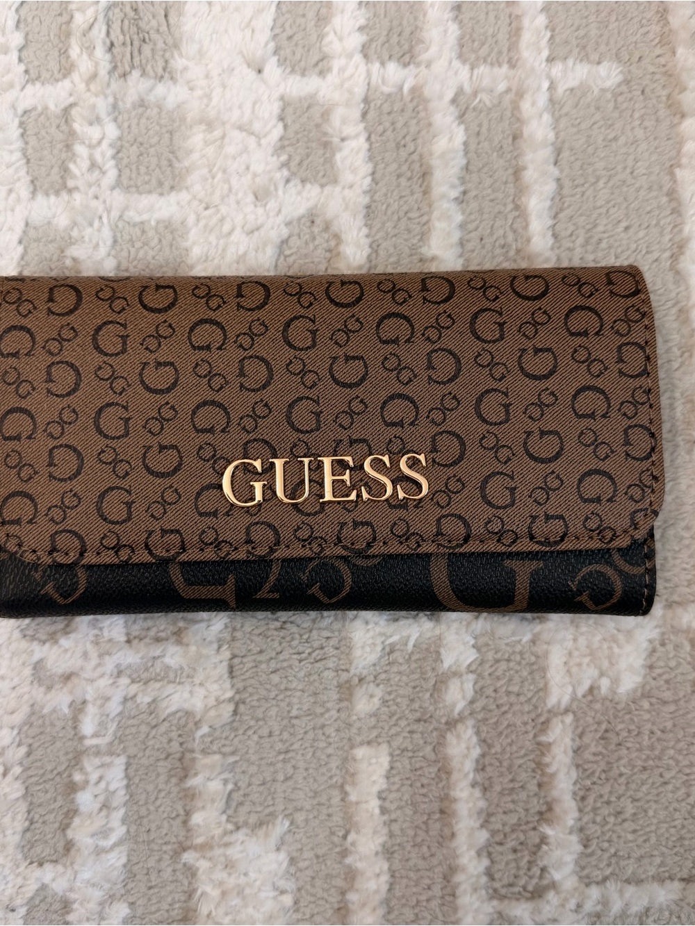 GUESS Brown Logo Continental Wallet with Gold Logo Accent